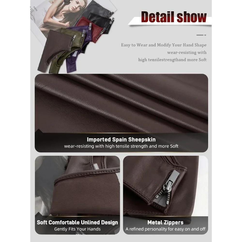 Women's Brown Fingerless Leather Driving Half Finger Gloves Halloween Design